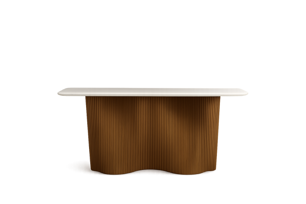 Wave Line Console Table Porcelain Top with Fluted Wood Base